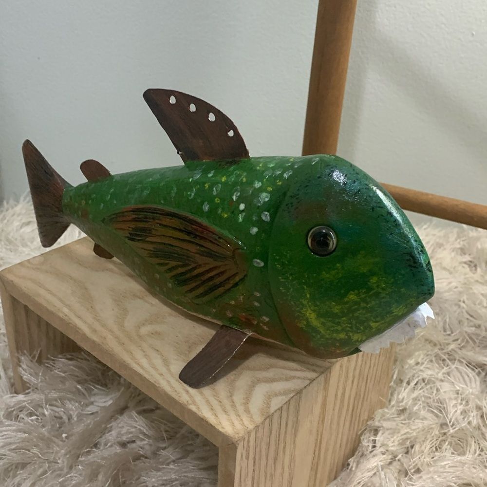 Handcrafted & Hand Painted Folk Art Wood & Metal Fish Spearing Decoy